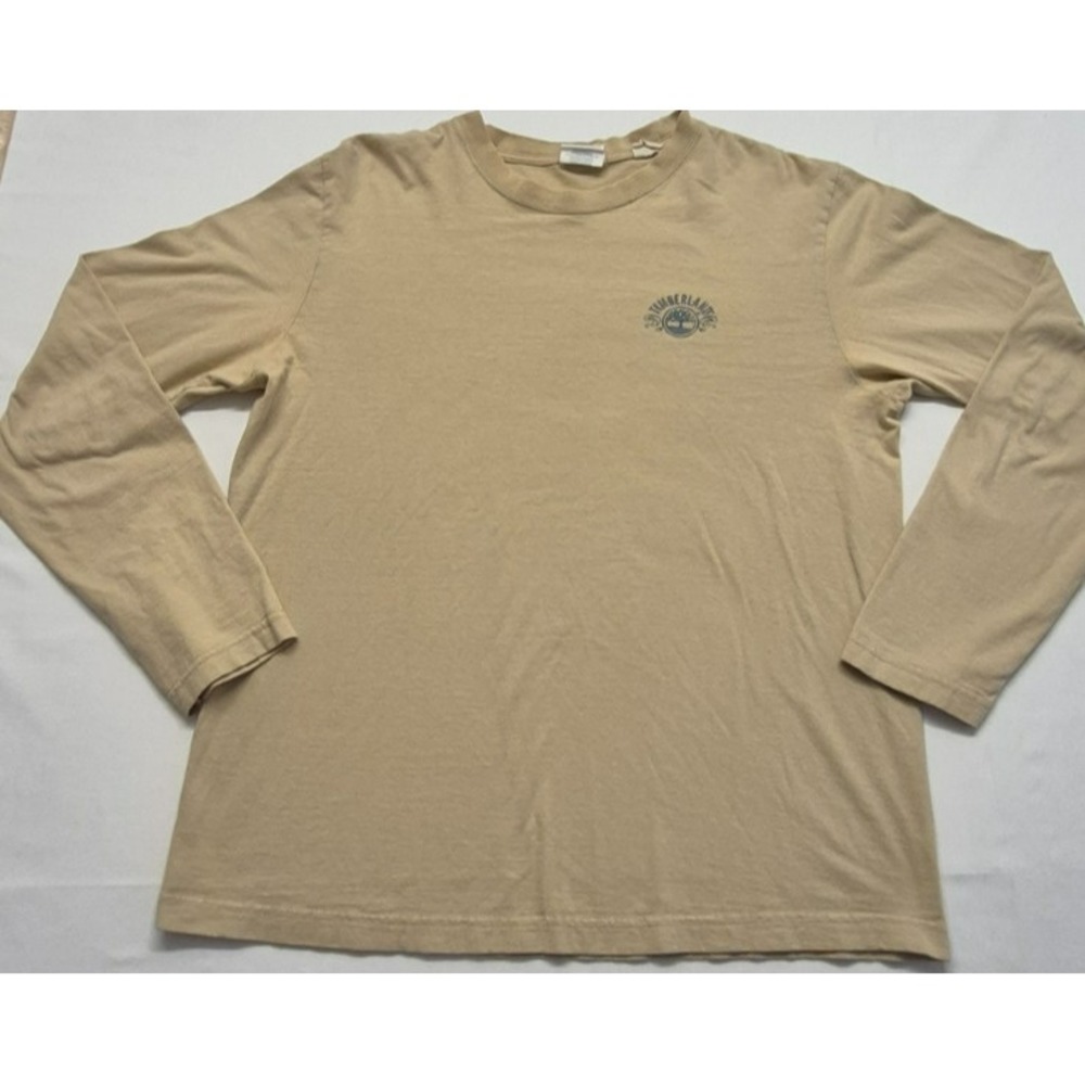 VTG Timberland Stratham Authentic Outdoor Gear men's tan LS graphic t-shirt sz L